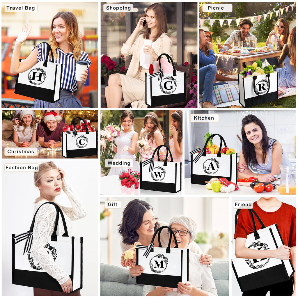 FODIENS 12 Pack Canvas Tote Bag for Women, Personalized Blank Beach Bag with 26PCS A-Z Initial Heat Transfer Letters Film, DIY Monogrammed Gift Tote Bags Bulk for Mom Teachers Friends Bridesmaids
