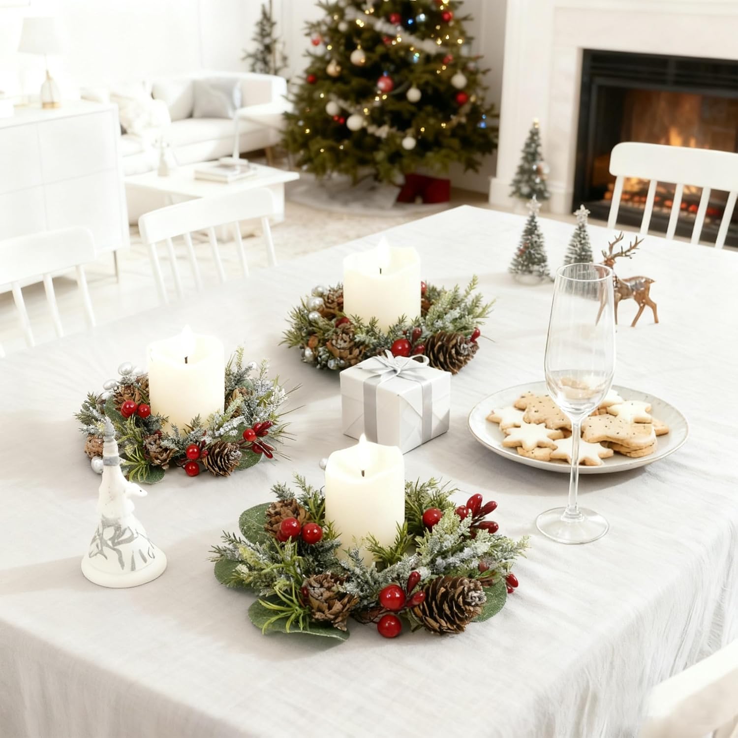 Skiennix Christmas Candle Rings - Mini Wreaths with Snowy Pinecone & Red Berry - 6 Pcs for Table Centerpiece