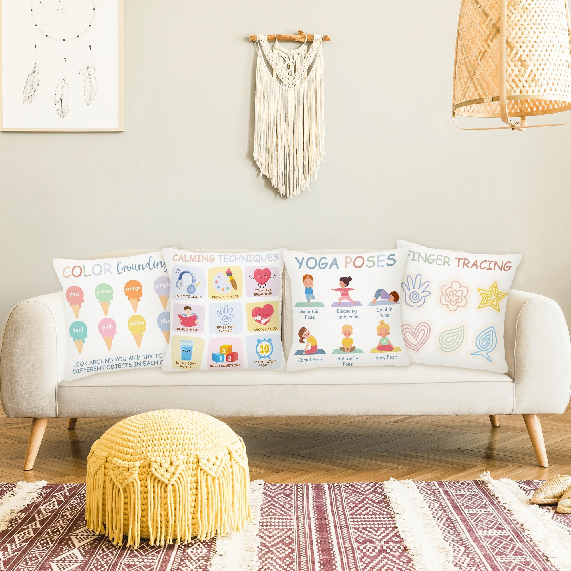 EDaozkend Boho Calming Corner Pillow Covers, 4Pcs Back to School 18x18 Boho Calm Down Corner Therapy Pillowcase for Mental Health Room Home, Emotion Feelings Pillow Covers Inspirational Gifts for Kids