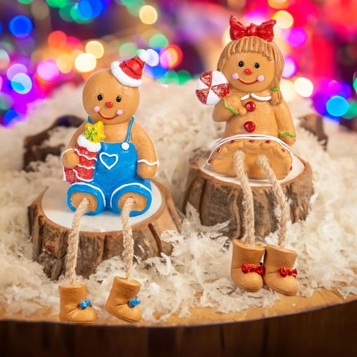 Dazzle Bright Christmas Figurines - Set of 2 Resin Gingerbread Man Sitters | Festive Indoor Decor
