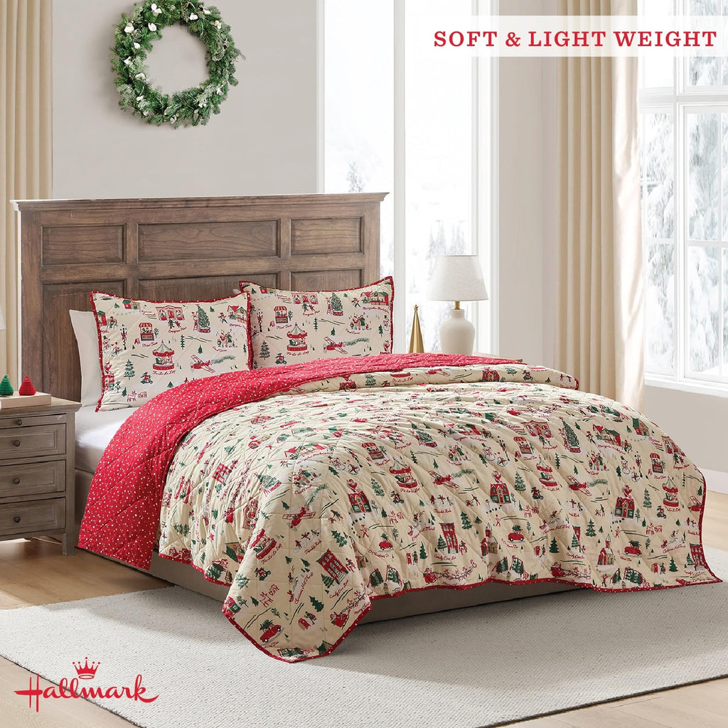 Hallmark King Size 3-Piece Holiday Quilt Set with Shams | Reversible Quilt with 2 Christmas Patterns | Lightweight & Cozy | Super Soft Microfiber Fabric | Wrinkle-Resistant | Multi Christmas Village