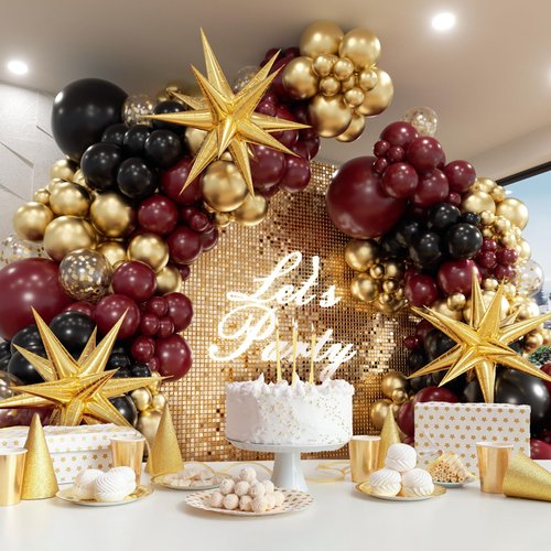 FOTIOMRG Burgundy Balloon Arch Garland Kit with Burgundy Maroon Black Gold Foil Balloons for Birthday Graduation Bridal Shower Party Decorations