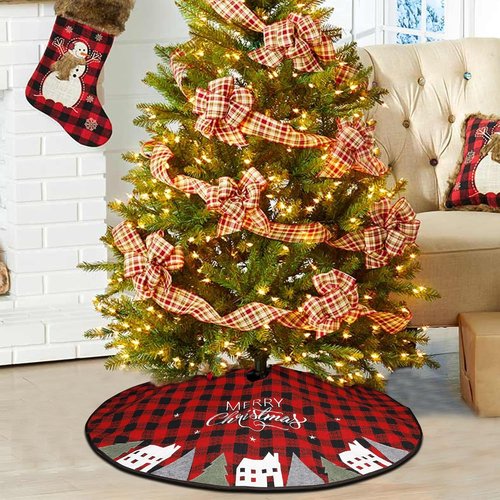 Juegoal 32-Inch Christmas Tree Skirt - Soft Red and Black Plaid Xmas Tree Mat for Holiday Decor