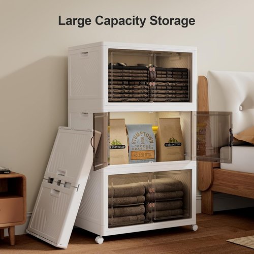 JOYMOOP Folding Storage Bins - 252 Quart Collapsible Organizer with Wheels | Stackable Plastic Container for Clothing, Books & More (XXL, 21 Gal, 3 Tiers)