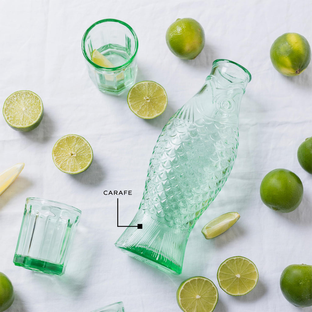 Serax Glass Water Pitcher | Fish & Fish glassware by Paola Navone | Wine Carafe Decanter 28.74 fl oz | Clear Green Bottle Container for hot & cold Drinks | Fridge Beverage Dispenser, Suitable as Vase