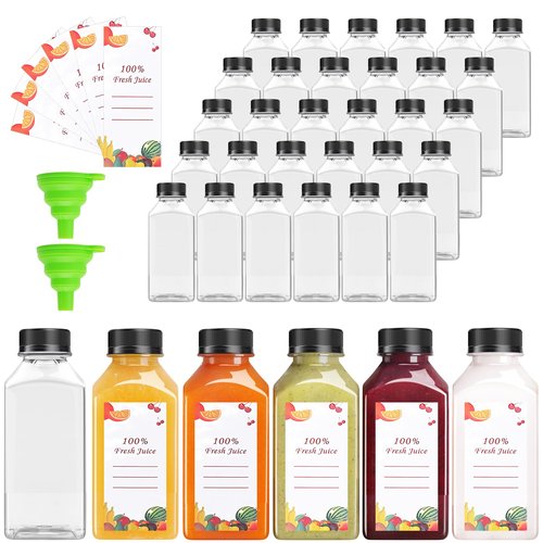 OBKJJ 80pcs 8oz Pcs Juice Bottles, Juice Bottle with Caps Reusable Empty Clear Bottles with Label, Funnel, Brush Bulk Beverage Containers for Juicing, Drinking, Smoothie and Other Beverages (8oz)