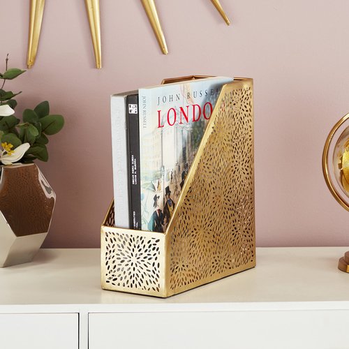 CosmoLiving by Cosmopolitan Metal Single Slot Magazine Holder with Laser Carved Floral Design, 5" x 10" x 12", Gold