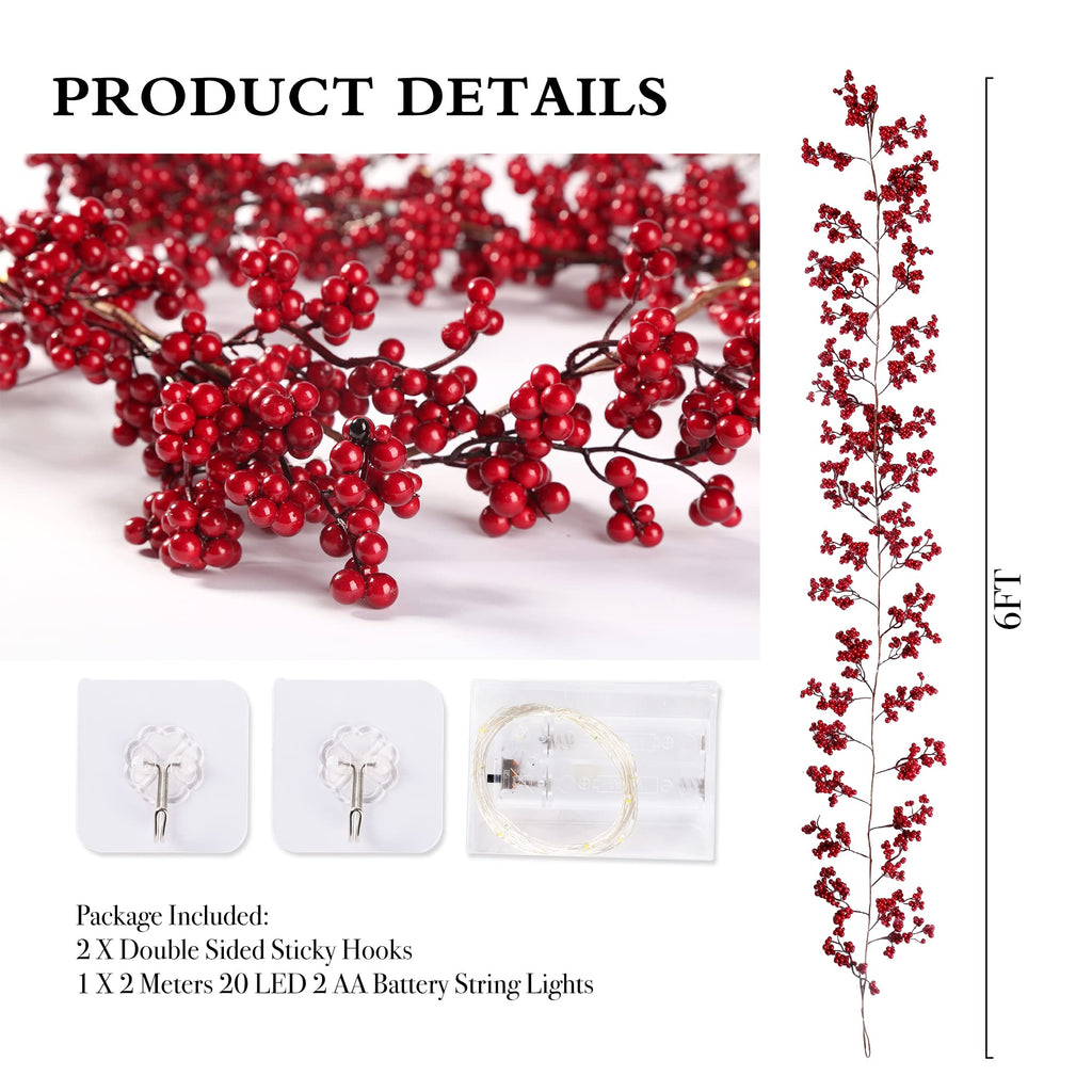 Sggvecsy Red Berry Garland Lighted Burgundy Berry Christmas Garland Artificial 6Ft for Christmas Winter Holiday Fireplace Mantel Table New Year Indoor Outdoor Decoration