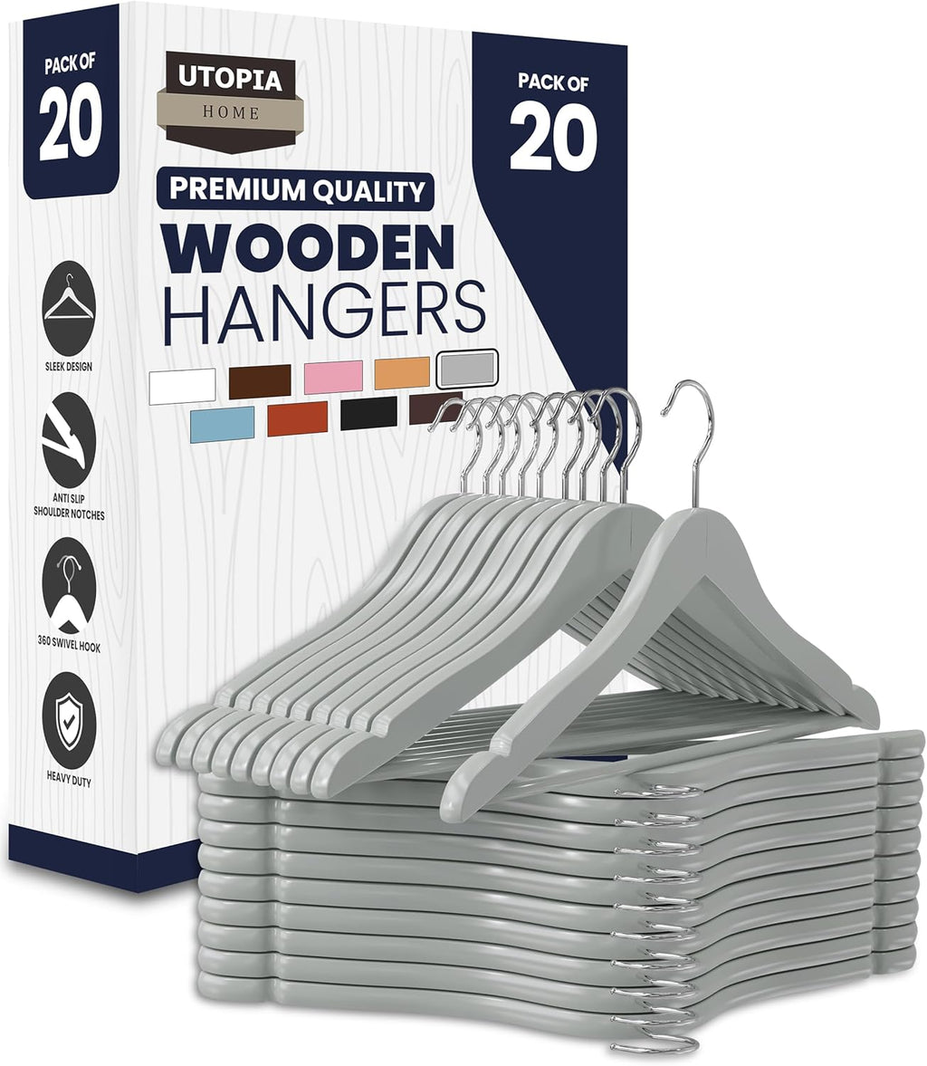 Utopia Home Premium Wooden Hangers - Durable Slim Coat Hangers with 360° Rotatable Hook | 20 Pack in Grey