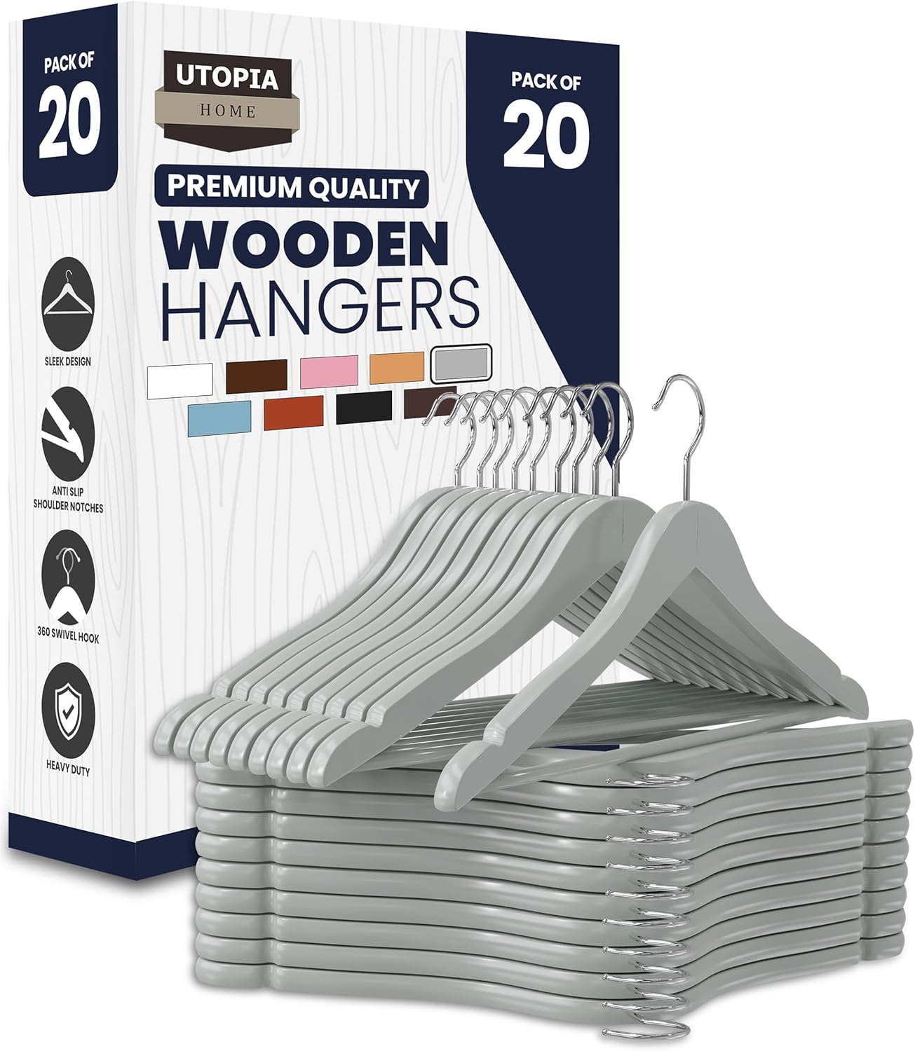 Utopia Home Premium Wooden Hangers - Durable Slim Coat Hangers with 360° Rotatable Hook | 20 Pack in Grey
