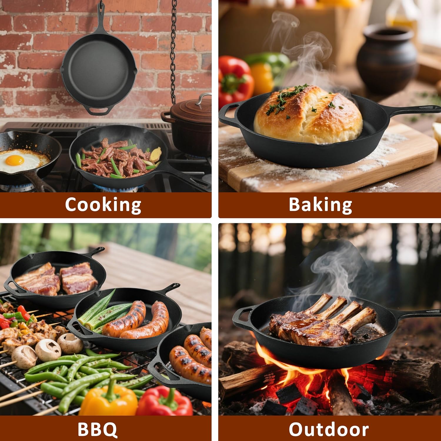 Skiennix 12-Inch Cast Iron Skillet - Pre-Seasoned Frying Pan for Oven, Stovetop & Grill, Durable Black Cookware