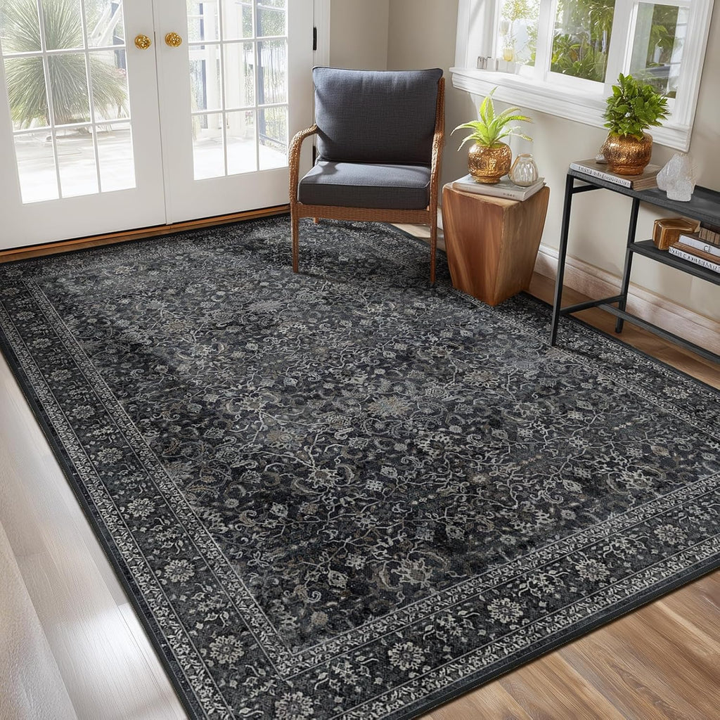 Skiennix Dark 5x7 Area Rug - Washable Non-Slip Soft Carpet for Living Room & Bedroom | Vintage Earth Tones