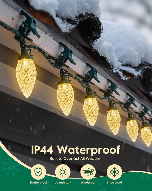 C9 Christmas Lights - 100 LED Waterproof String Lights for Outdoor Decor | 65FT Warm White with 100 Clips