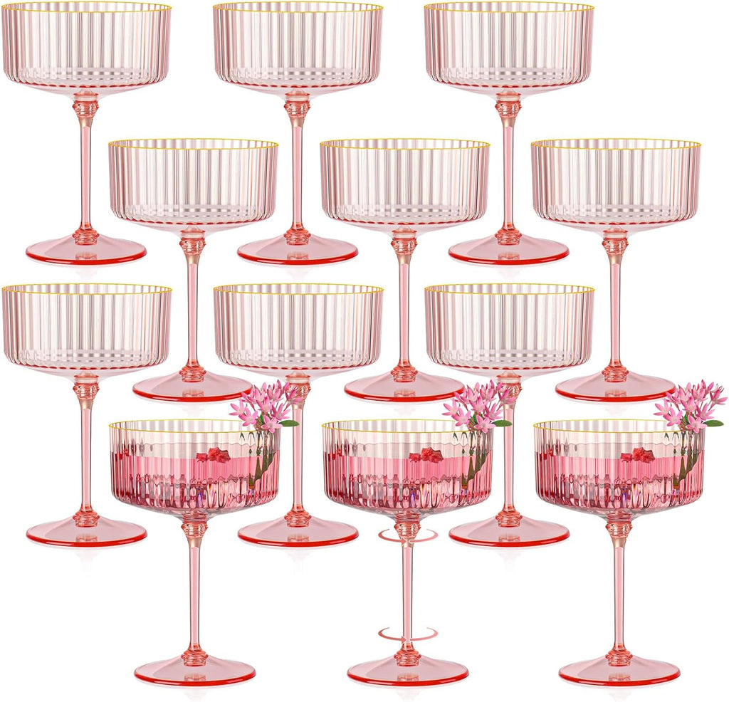 Skiennix 12 PCS Pink Ribbed Coupe Glasses - 10oz Vintage Cocktail Glassware with Gold Rim for Parties