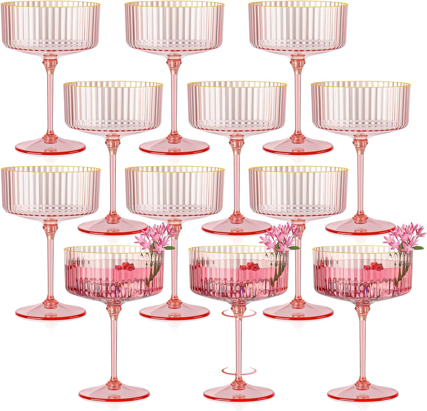 Skiennix 12 PCS Pink Ribbed Coupe Glasses - 10oz Vintage Cocktail Glassware with Gold Rim for Parties