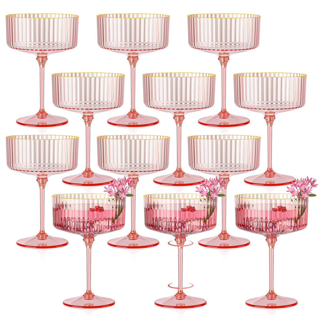 HKSZEH 12 PCS Ribbed Coupe Glasses Pink Plastic Champagne Coupe Cup 10oz Detachable Gold Rim Espresso Martini Glass Vintage Margarita Glassware Cocktail Glass for Wedding Bachelorette Party
