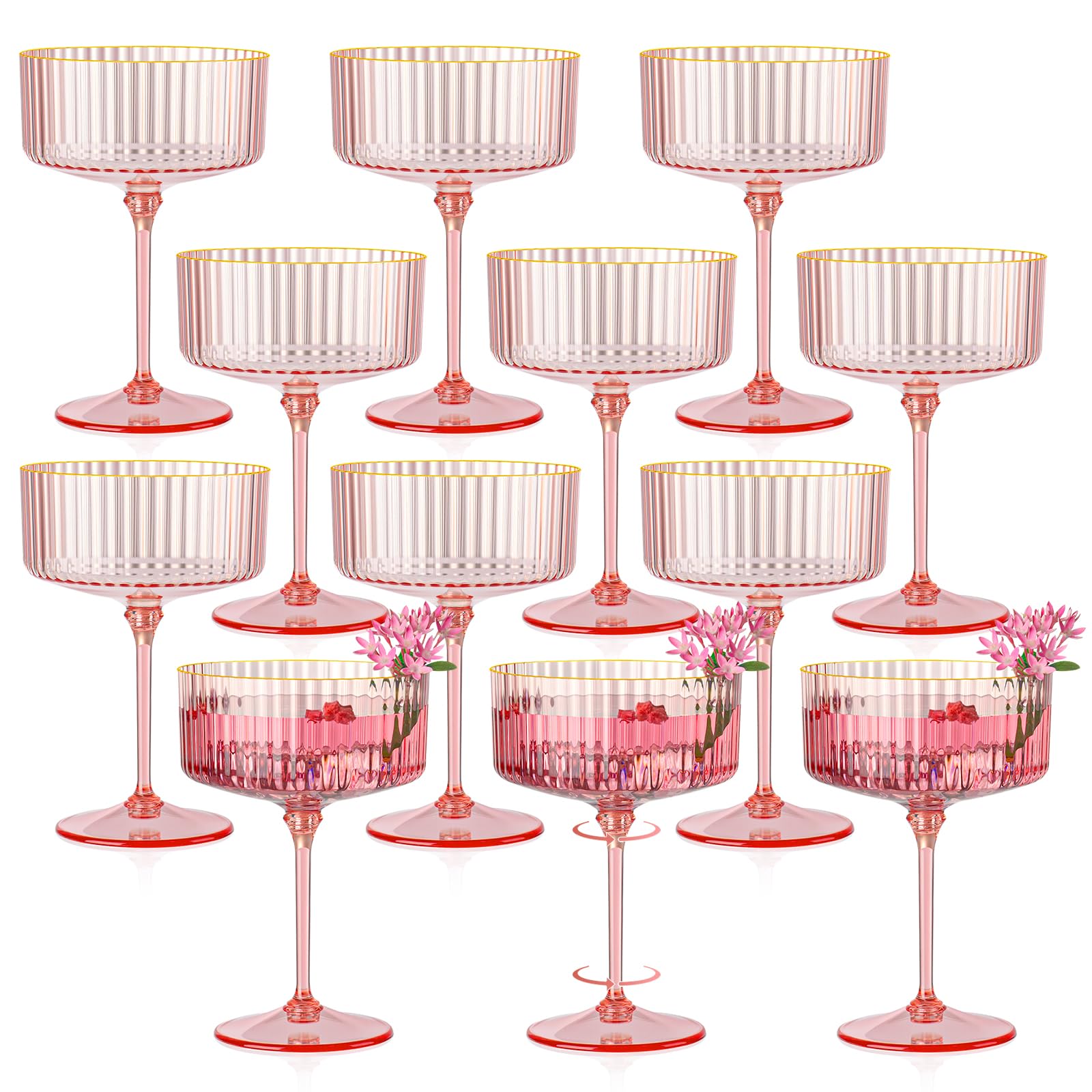 HKSZEH 12 PCS Ribbed Coupe Glasses Pink Plastic Champagne Coupe Cup 10oz Detachable Gold Rim Espresso Martini Glass Vintage Margarita Glassware Cocktail Glass for Wedding Bachelorette Party
