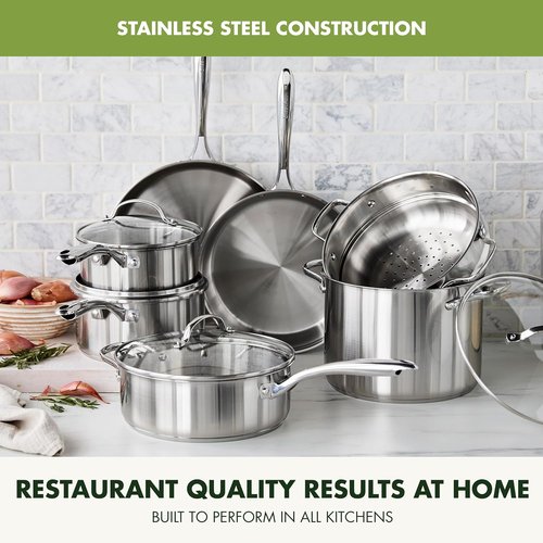 GreenPan Stainless Steel Cookware Set - 11 Piece Induction Cookware | Dishwasher & Oven Safe, 8QT Stock Pot, Silver