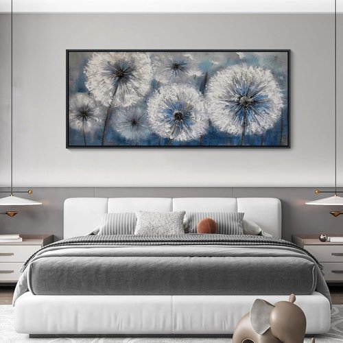 Blue Dandelion Canvas Wall Art - Large Framed Modern Floral Print for Living Room Decor