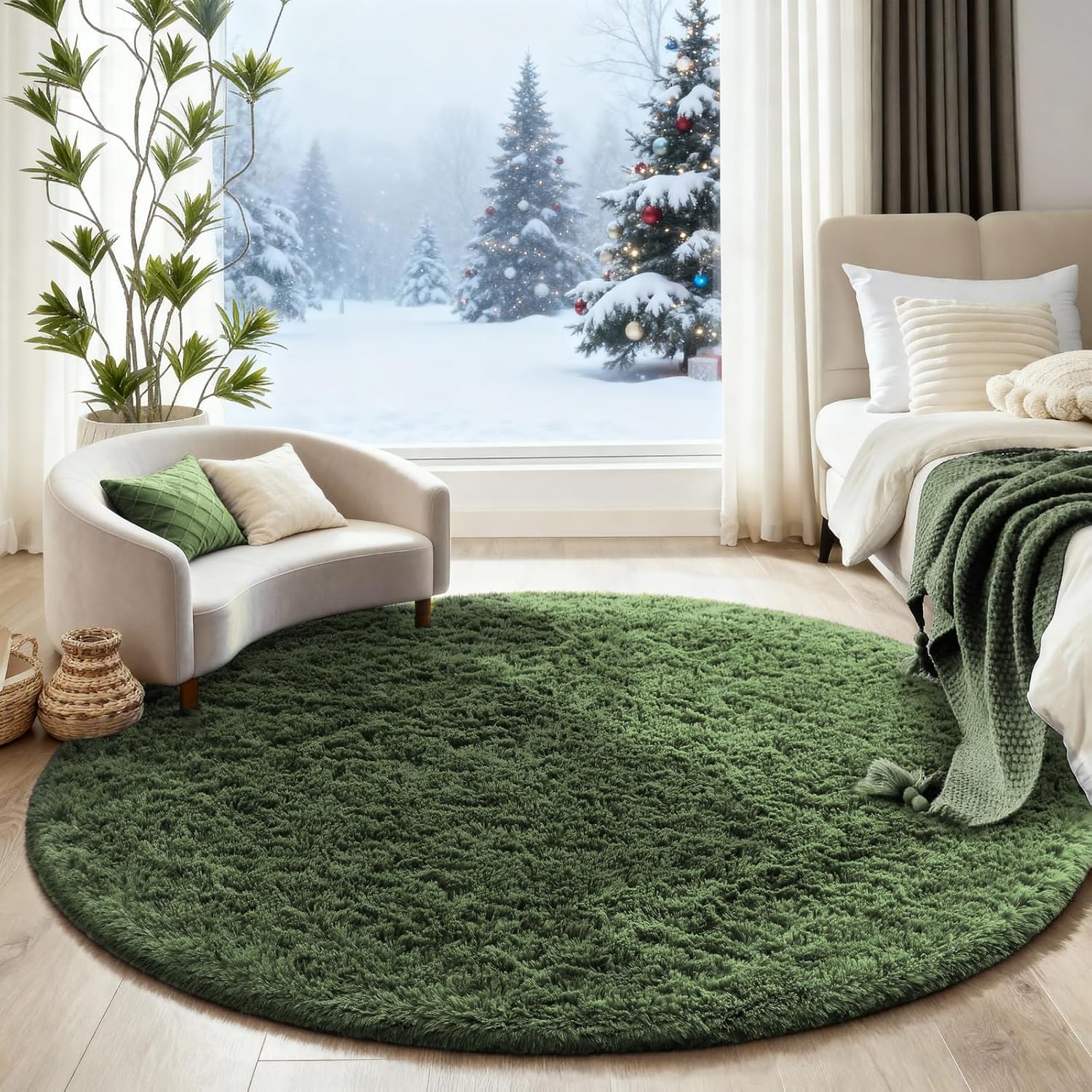 Ophanie Round Rug - 5Ft Grey Green Circle Area Rug | Plush Soft Shaggy Carpet for Kids' Rooms