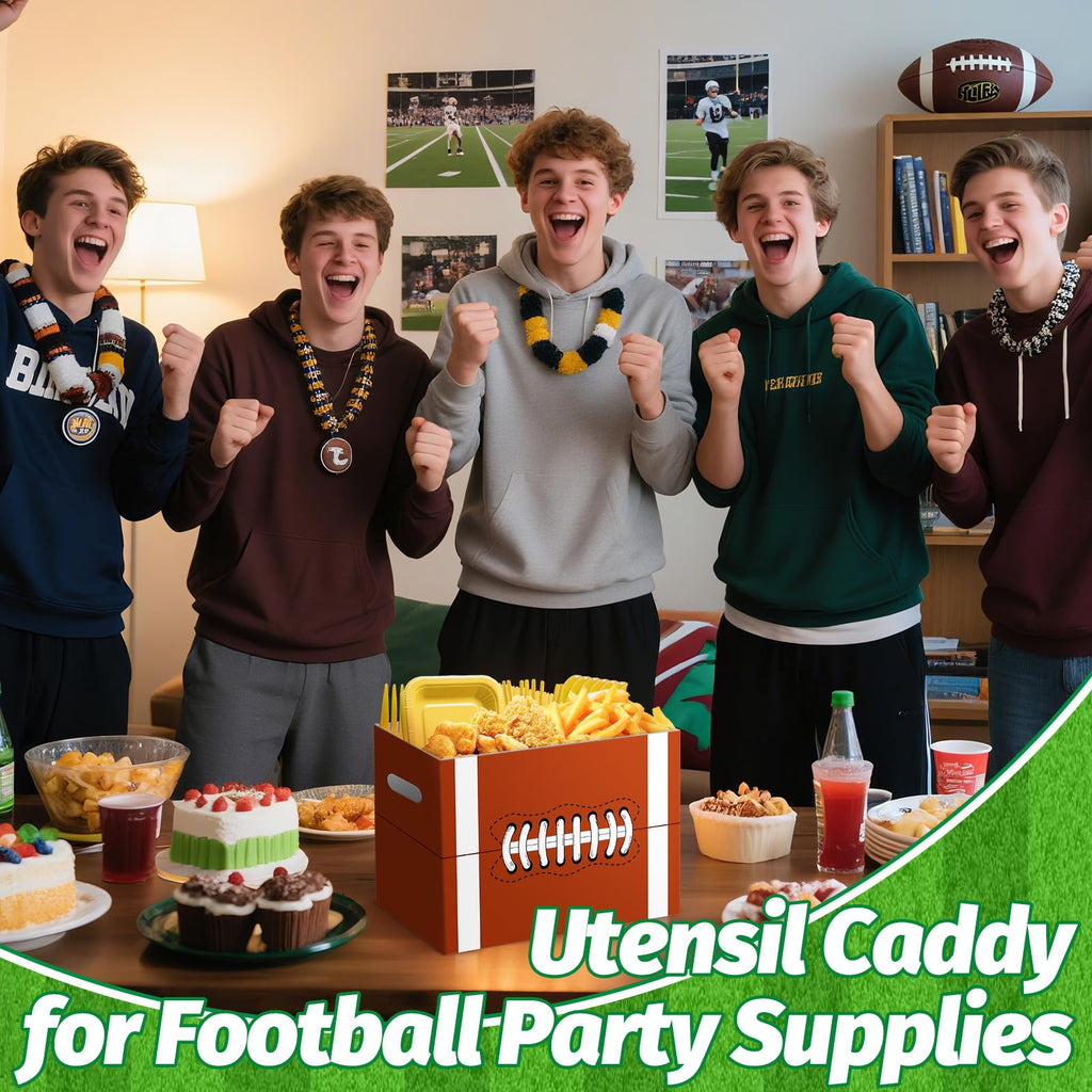 2PCS Football Utensil Holder Paper Utensil Caddy for Football Party Supplies Cutlery Holder with Handles Green Brown Party Favors Snack Box Disposable Cutlery Caddy for Sports Birthday Decorations
