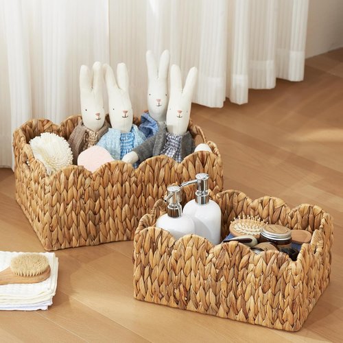 FairyHaus Wicker Storage Baskets - Handwoven Scalloped Design with Handles | 2-Pack, Natural Water Hyacinth, Large & Small