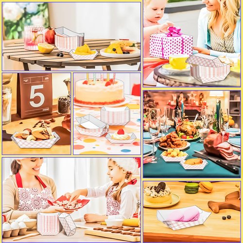 MotBach 100 Pack Checkered 1/4Lb Small Paper Food Boat Trays,Mini Disposable Paper Boats Containers,0.25Lb Tiny Kraft Food Serving Boat Tray for Snack Dessert Fries Sauce Taco Nacho