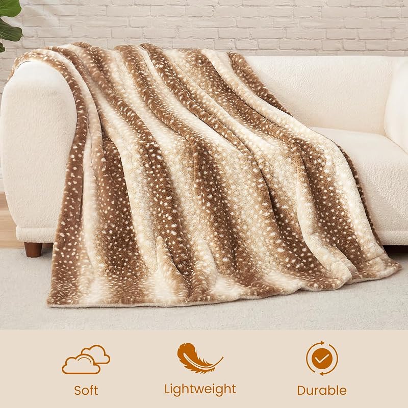 Cozy Bliss Deer Print Faux Fur Throw Blanket 50" x 60" – Brown Deer, 400GSM + 200GSM Sherpa