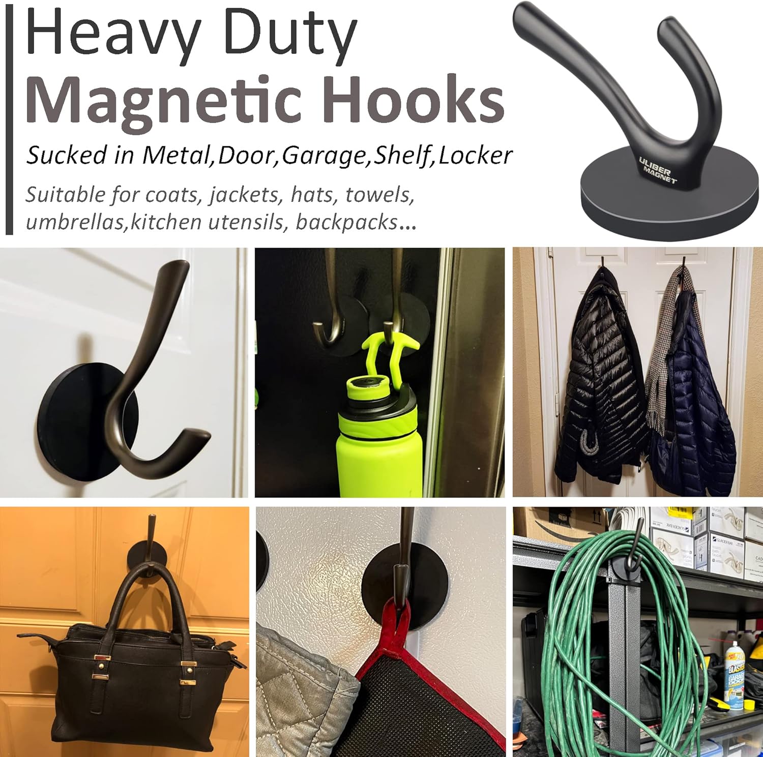 ULIBERMAGNET Heavy Duty Magnetic Double Hooks - Sturdy Rubber Coated Hooks for Coats, Towels & Keys (Black)