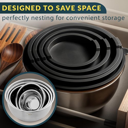 Baker's Signature Stainless Steel Mixing Bowls Set - 5 Sizes with Airtight Lids & Non-Slip Base | Black
