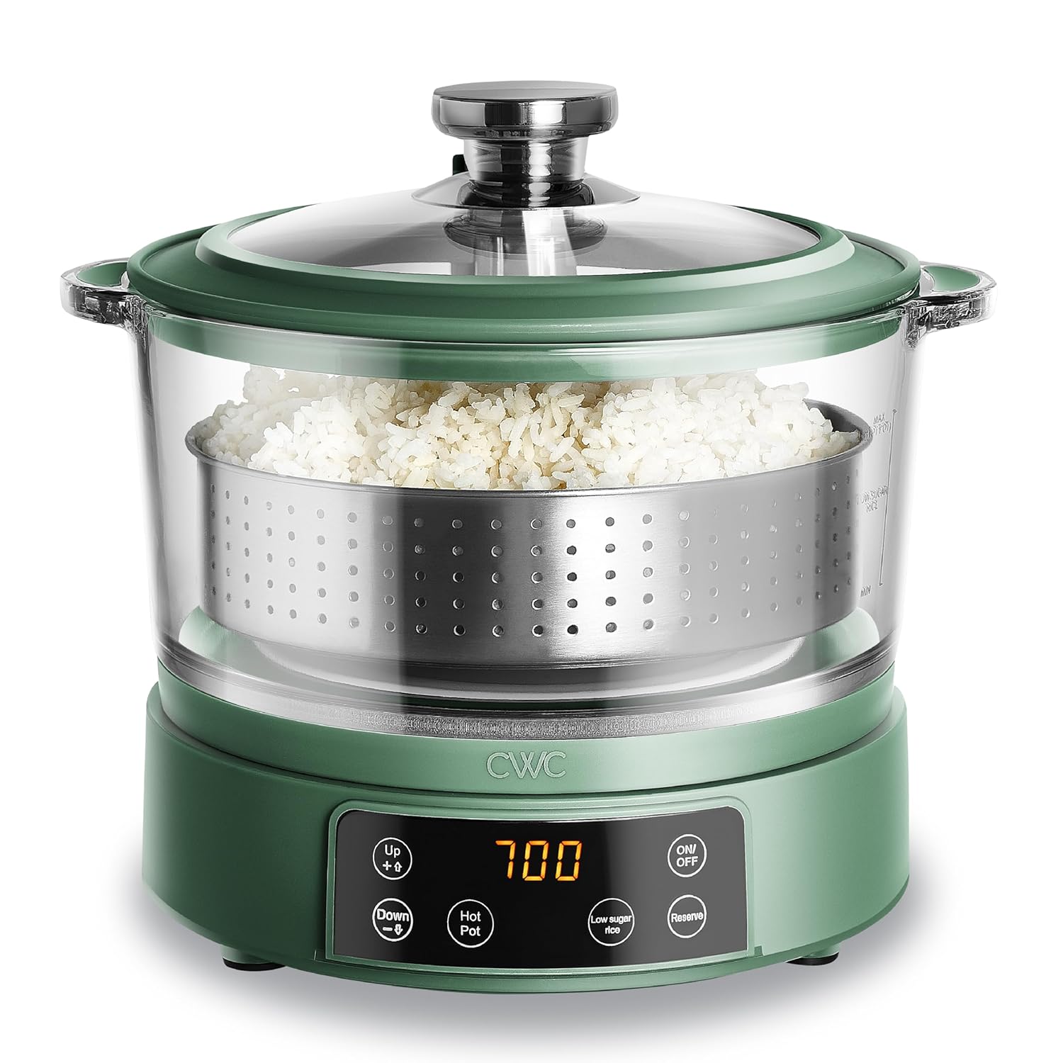 Cook With Color 3L Glass Mini Low Carb Rice Cooker - Auto Lift Filter Basket & Steamer, Dark Sage