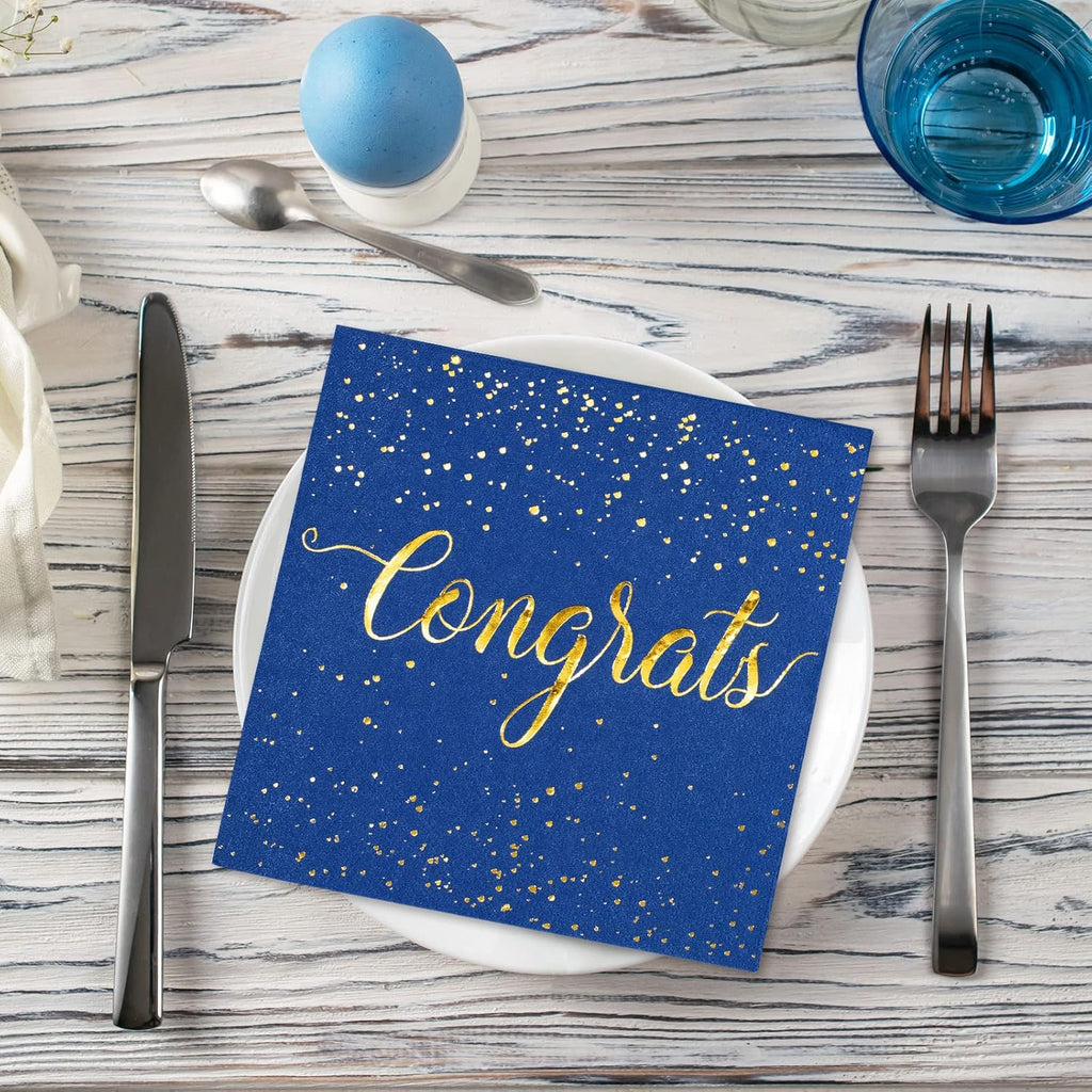 Whaline Graduation Cocktail Napkins - 80 Pack Blue & Gold Foil Congrats Design | Disposable Party Decor