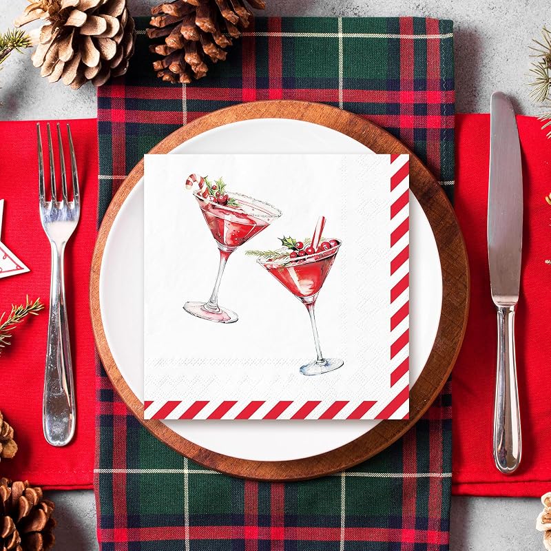 Christmas Martini Napkins 50Pcs - Red Stripe Disposable Paper Napkins 5x5in (10x10in) Santa Holiday Party