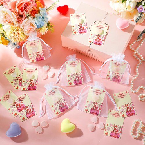 Threehoney 120 Pcs Galentine Gift for Women Bulk with Heart Shape Rose Quartz Galentine Greeting Card 2 x 3 Inch Heart Gemstones Organza Bags for Exchange Valentine Gifts Friends Party Supplies
