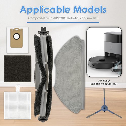 (14 Pack) T20+ Replacement Parts Compatible with Airrobo T20+/ T25+/ T30+/ T25+C/ GT21 Robot Vacuum, Accessories Kit, 1 Roller Brush, 4 Side Brushes, 4 Dust Bags, 3 HEPA Filters, 2 Mop Pads