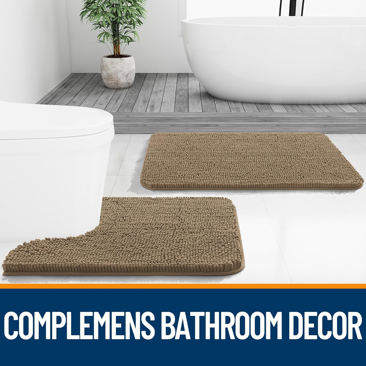OLANLY Bathroom Runner Rugs - Extra Soft Chenille Bath Mats | Quick Dry, Machine Washable, Tan 47x24