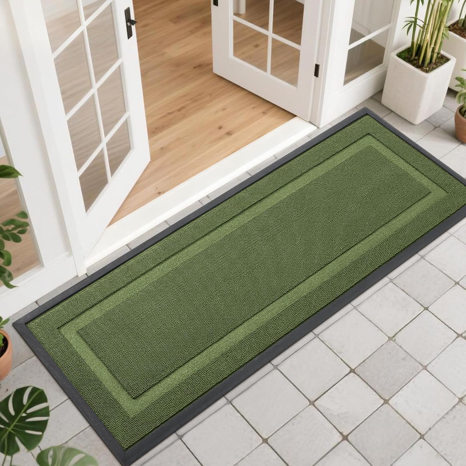 OLANLY Waterproof All-Season Front Door Mat - Sturdy Natural Rubber, Easy Clean | 47x17 Classic Green