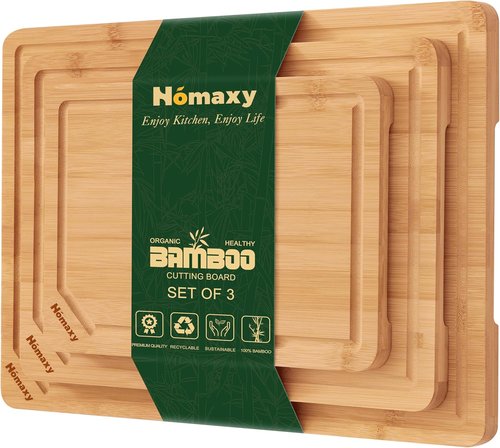 Homaxy Organic Bamboo Cutting Boards Set - 3-Piece Kitchen Boards with Juice Groove & Handles | Ideal for Meat, Fruits & Vegetables