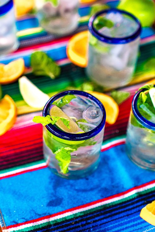 EMPORION Set of 6 Hand-Blown Tumbler (10 oz) Glasses from Mexico with Cobalt Blue Rim - Rustic & Handcrafted Recycled Bubble Glass Drinking Glassware