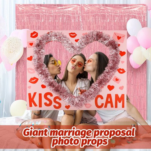 Soulchen 32 x 25 Inch Valentine's Day Photo Backdrop Booth Props Set Galentines Photo Backdrop Conversation Hearts Frame Decor with Pink Tassel Garland and Curtains Wedding Party Decoration