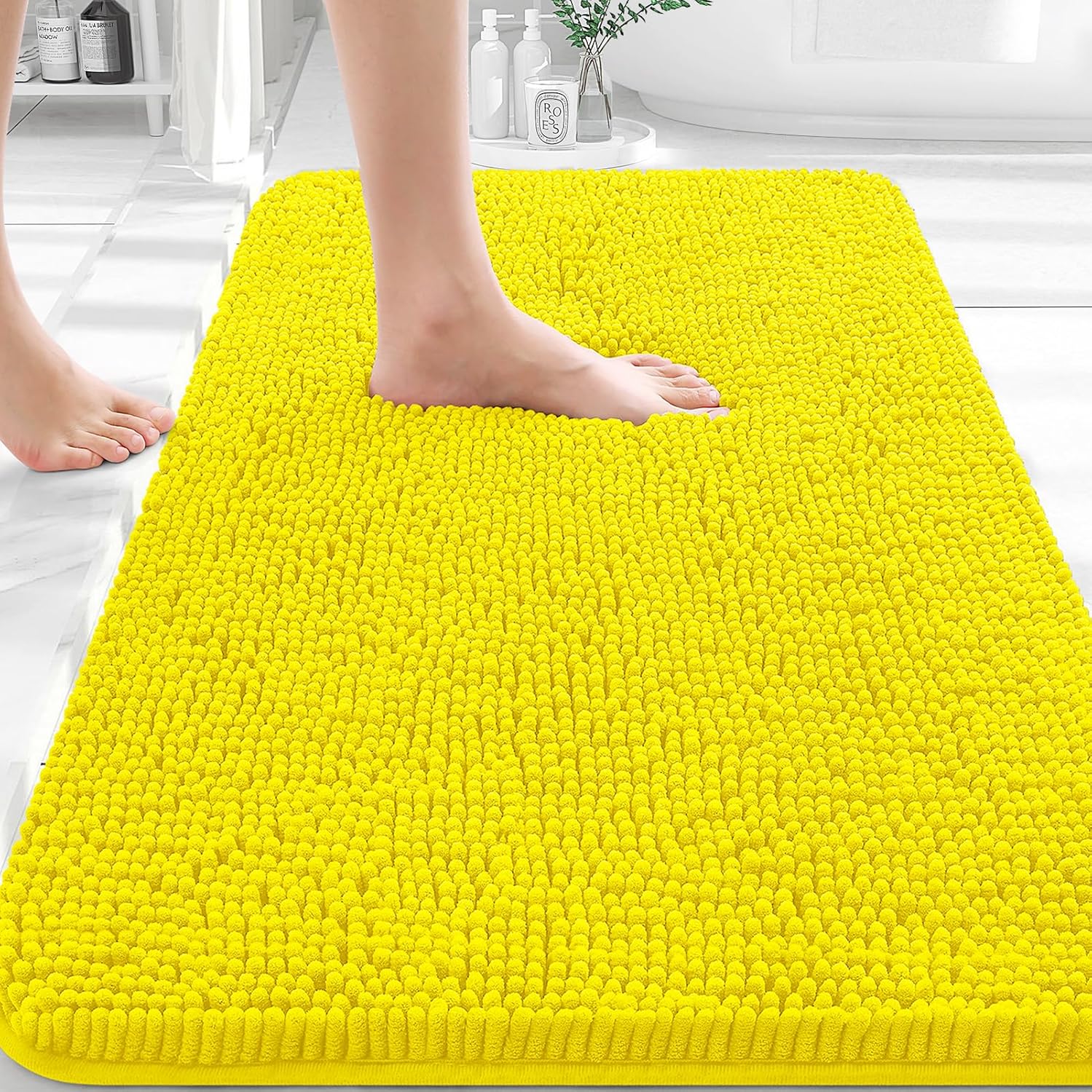 OLANLY Chenille Bath Rugs - Extra Soft & Absorbent | Quick Dry, Machine Washable, 36x24, Lemon Yellow