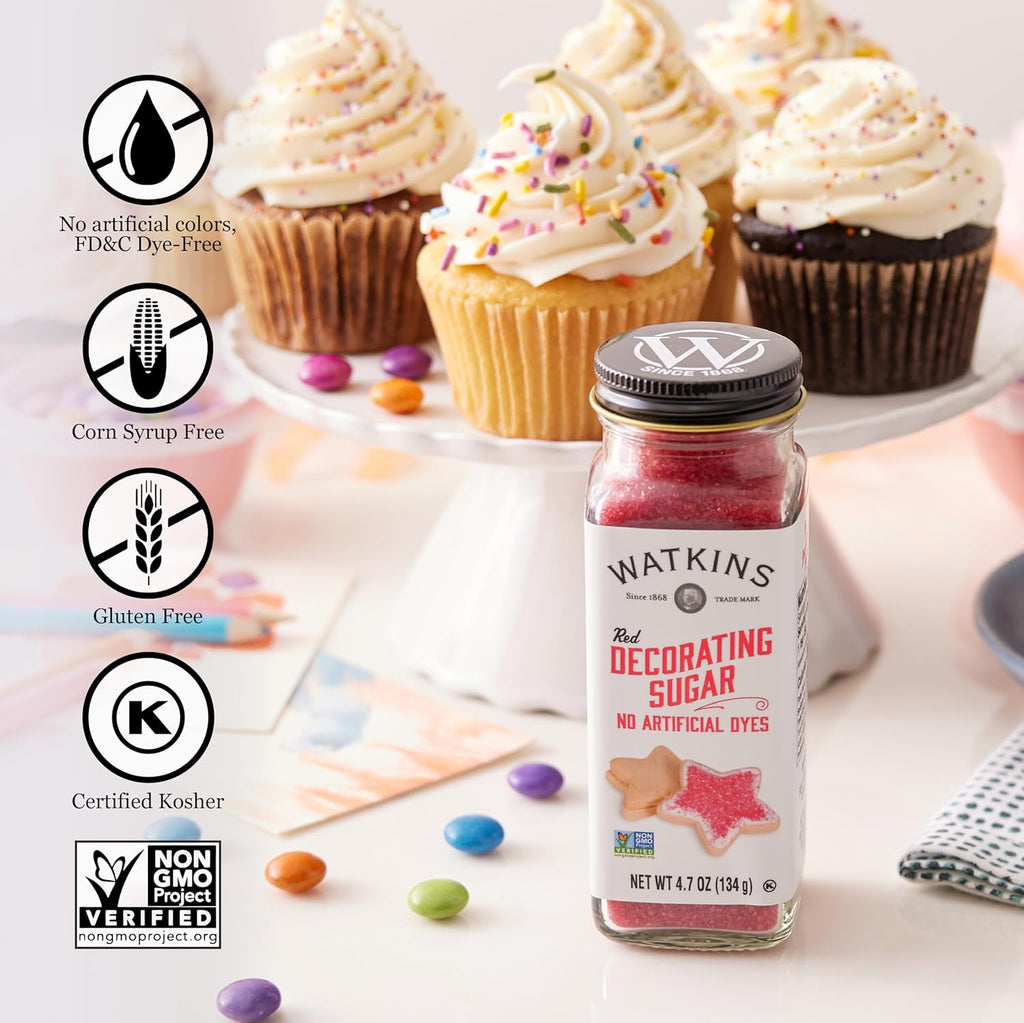 Watkins Red Decorating Sugar - Non-GMO & Kosher | No Artificial Dyes, 4.7 Ounce Jar