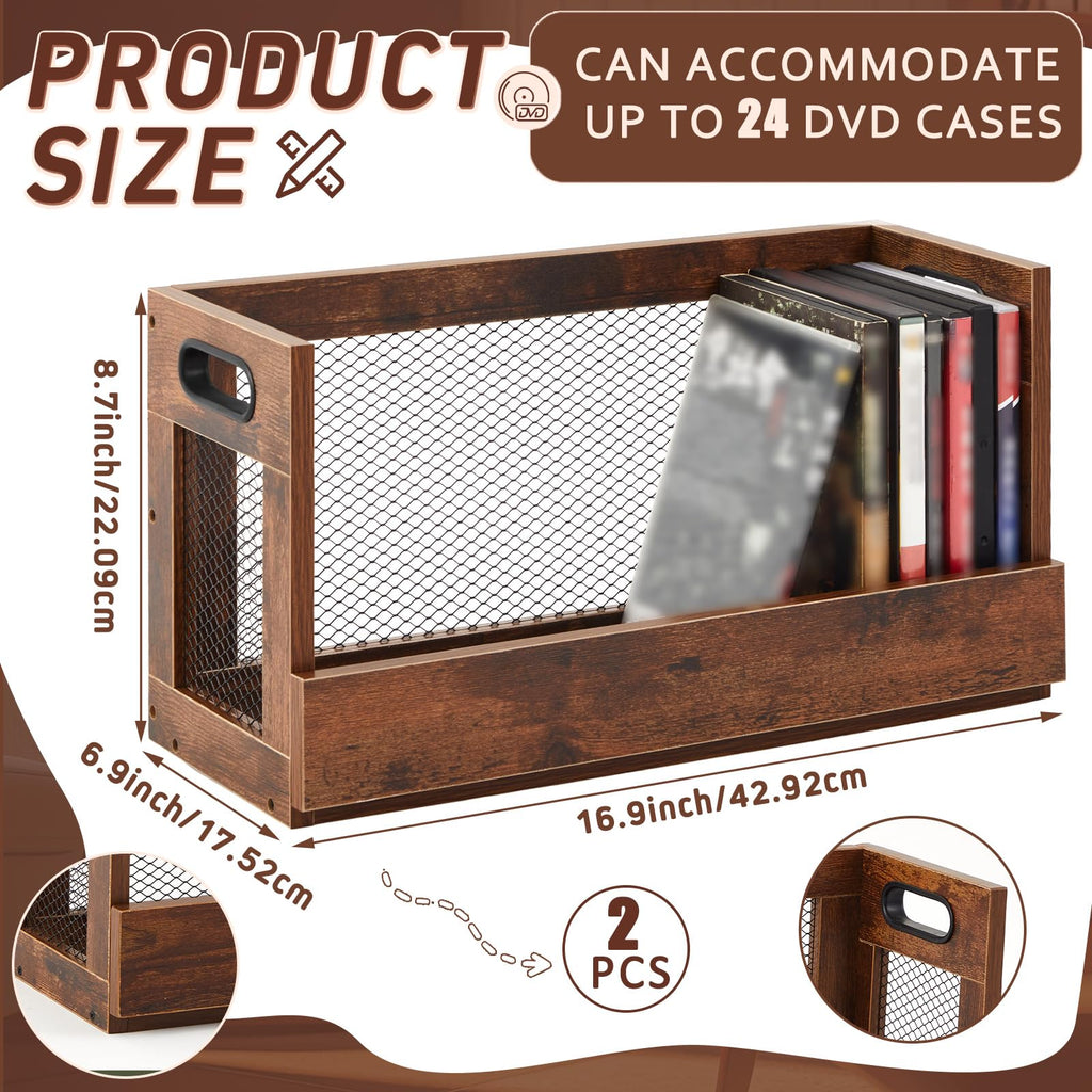 Jetec 2 Set Metal & Wooden DVD Storage Box Movie Holder Shelf Tape Display Racks with Carrying Handles, Organizer Shelf for Video Game Cases, CDs, Each Set Can Store Up to 26 Pcs DVDs