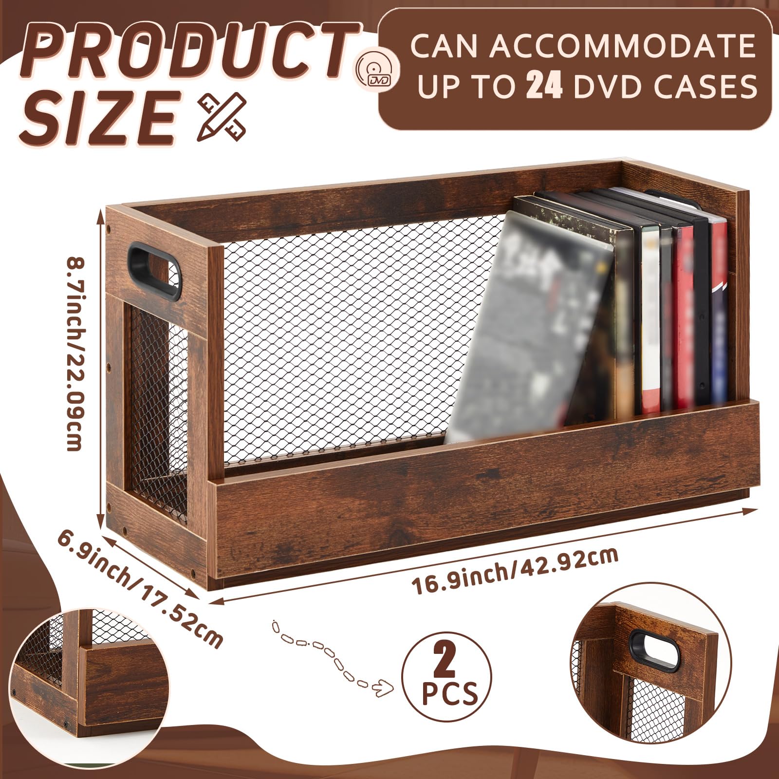 Jetec 2 Set Metal & Wooden DVD Storage Box Movie Holder Shelf Tape Display Racks with Carrying Handles, Organizer Shelf for Video Game Cases, CDs, Each Set Can Store Up to 26 Pcs DVDs