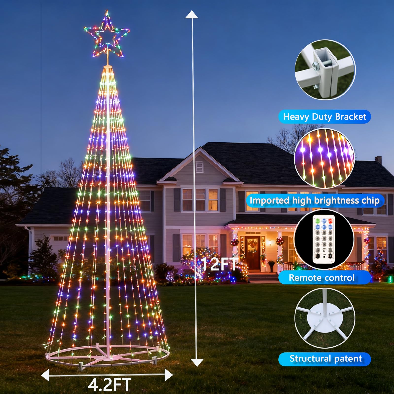 12FT Outdoor Lighting Christmas Tree 650 LED Light Show Christmas Tree with 8 Modes Timer Remote,Tall Star Topped Artificial Christmas Trees Arbol de Navidad for Porch Yard Patio Indoor