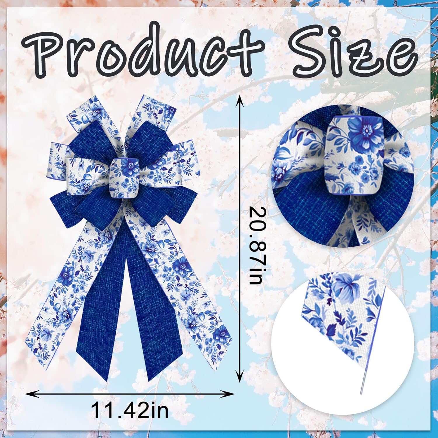 Skiennix Large Blue Spring Bows - Linen Flowers Burlap Ribbon for Wreaths & Decorations