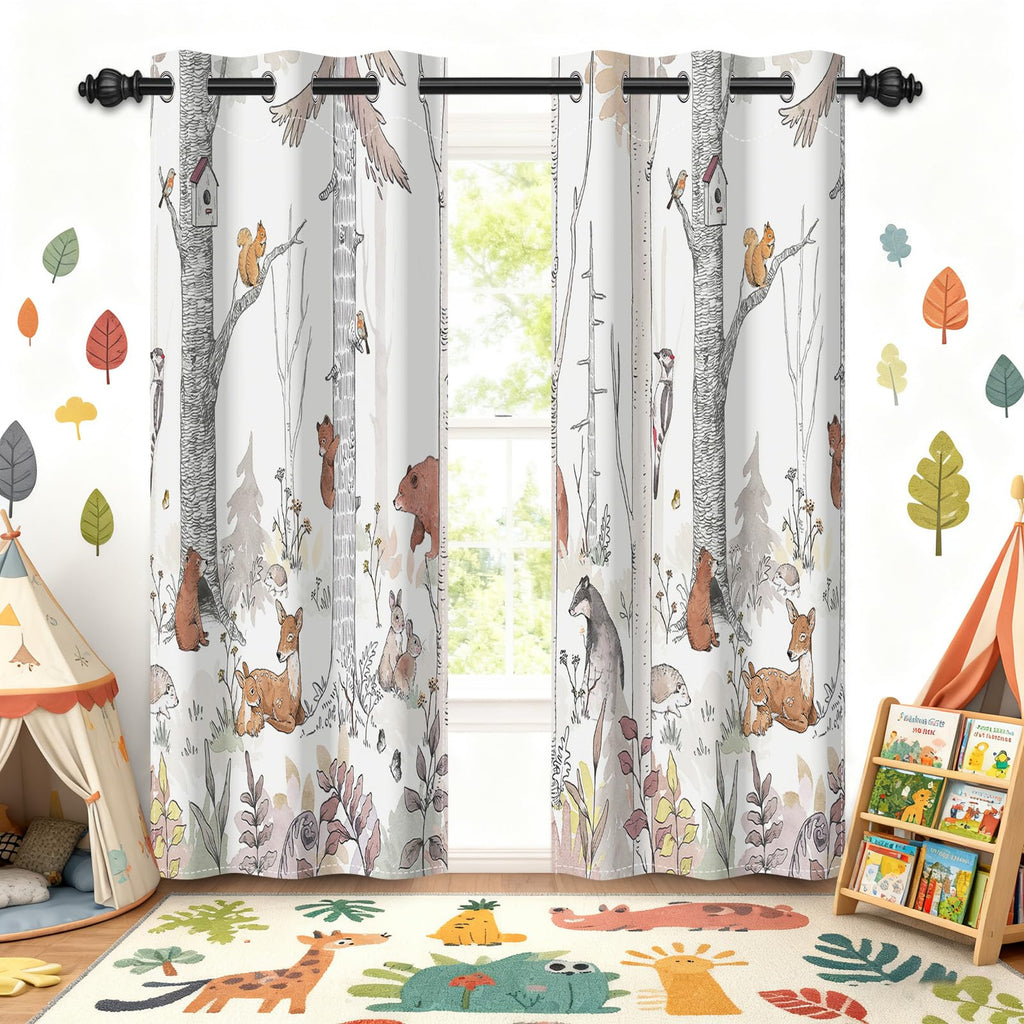 GICDSU Kids Blackout Curtains for Nursery, Boy's Woodland Animal Print Curtains for Bedroom, Cartoon Room Darkening Window Drapes 2 Panels Set, White, 42W x 84L