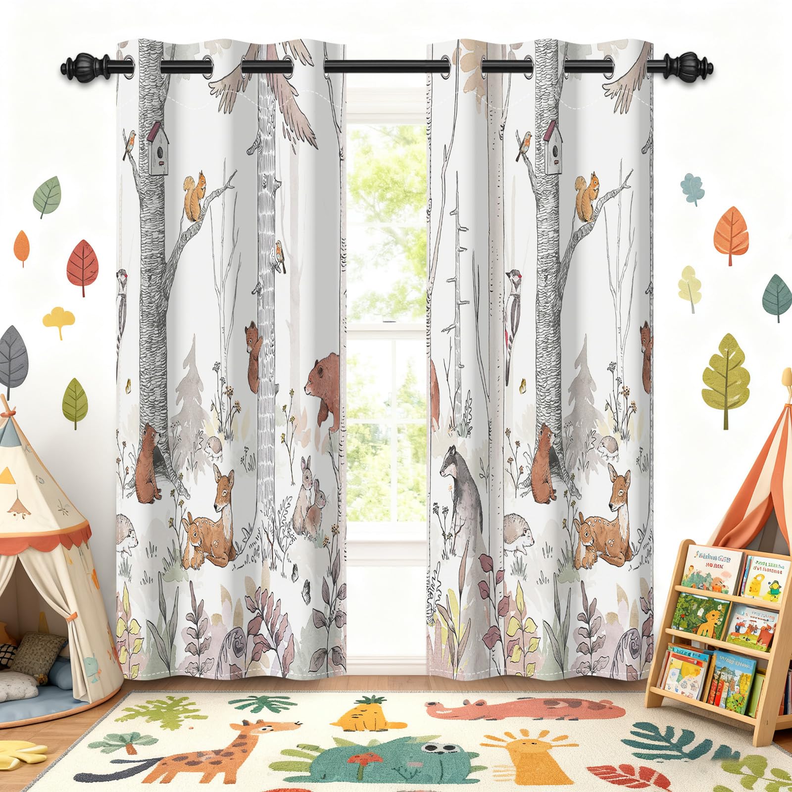 GICDSU Kids Blackout Curtains for Nursery, Boy's Woodland Animal Print Curtains for Bedroom, Cartoon Room Darkening Window Drapes 2 Panels Set, White, 42W x 84L