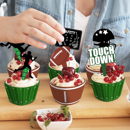 48 Pcs Football Cupcake Toppers and Wrappers Set, Football Theme Birthday Party Decorations Supplies
