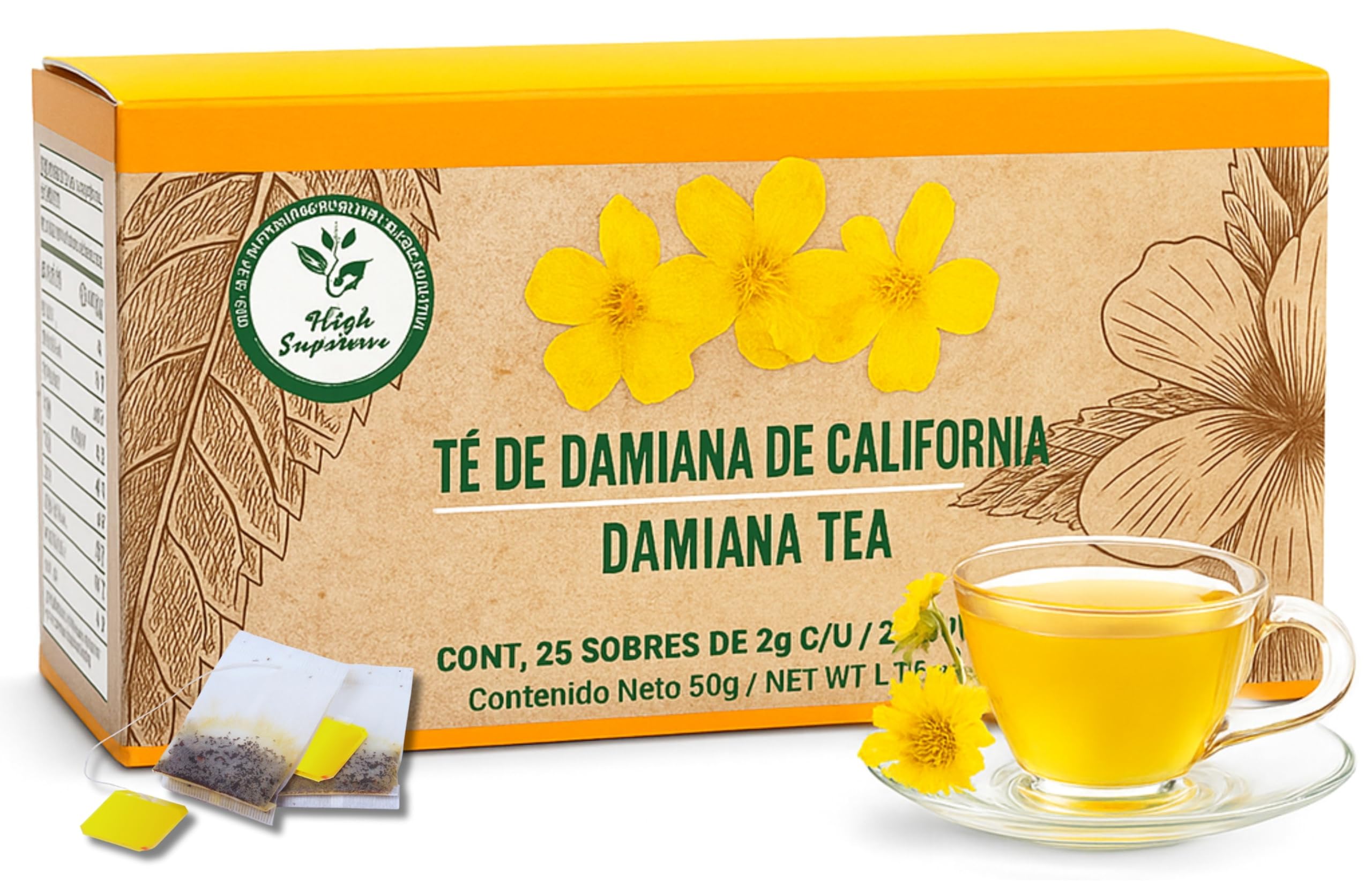 Damiana Herbal Tea – 100% Turnera diffusa – 25 Tea Bags – Natural Caffeine-Free Infusion – Traditional Herbal Beverage – Té de Damiana de California – Hecho en México